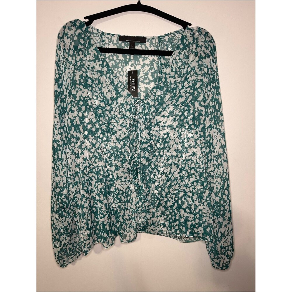 White House Black Market Ruffle Front Blouse SZ L V Neck Color Teal - Picture 3 of 14
